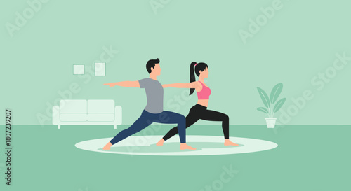 An illustration shows a man and woman in warrior pose on a mat indoors. They are exercising for fitness and wellness