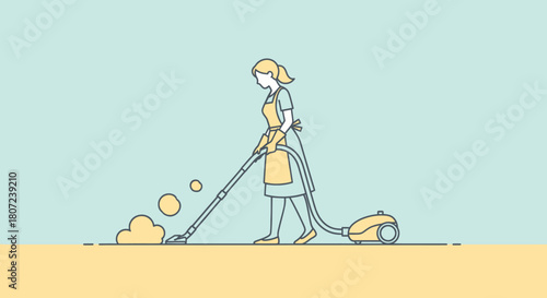A line-art image depicts a woman in an apron and gloves vacuuming a surface, with dust clouds
