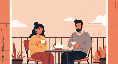 Cartoon shows a couple enjoying tea on a balcony with city view. They sit at a round table with a teapot and cups