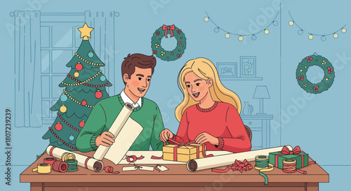 A cheerful couple wraps gifts together at a table decorated with Christmas cheer, surrounded by a festive tree & decor