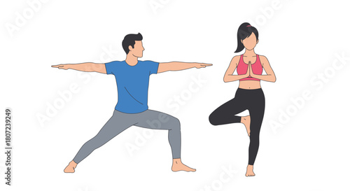 A man in warrior pose and a woman in tree pose, side-by-side, outlined, on white background