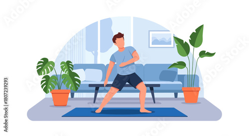 A man in athletic wear does a side bend on a blue mat in a living room with plants, couch, & window