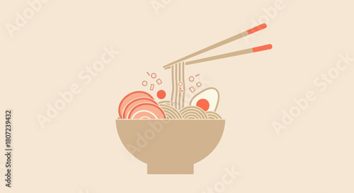 A minimalist illustration of a ramen bowl, chopsticks poised above, with ingredients like egg and pork. Beige background