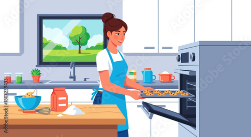 A woman in an apron, smiles while sliding a tray of cookies into an oven in a bright kitchen