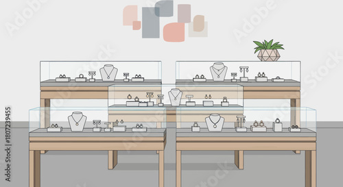 A minimalist jewelry store display showcasing various necklaces, earrings, and rings in glass-covered cases on wooden tables