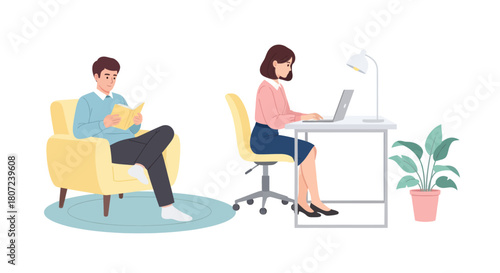 A man relaxes, reading; a woman works at a desk with a laptop. Plants add a touch of nature. Both in a bright space