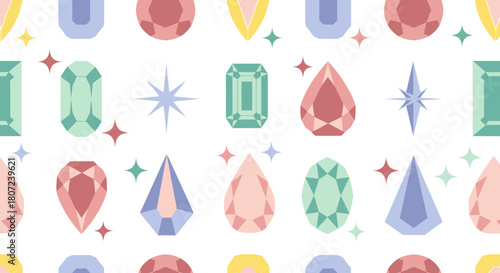 A repeating pattern featuring various colorful gemstone shapes with sparkling accents, displayed on a clean white background