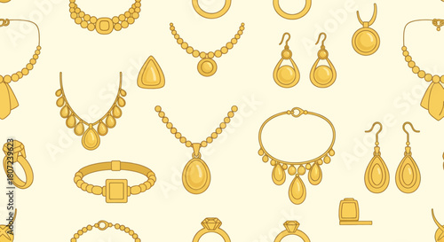 A pattern showcases various golden jewelry pieces, including necklaces, earrings, bracelets, and rings, against a cream backdrop