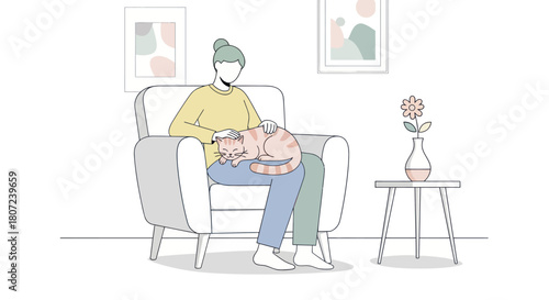 A relaxed person pets a sleeping cat in an armchair. Two framed abstract artworks hang on the wall, a flower rests on a table