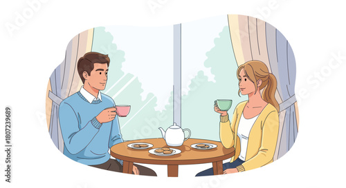 A couple, seated at a table, enjoys tea and biscuits by a window, fostering connection and conversation