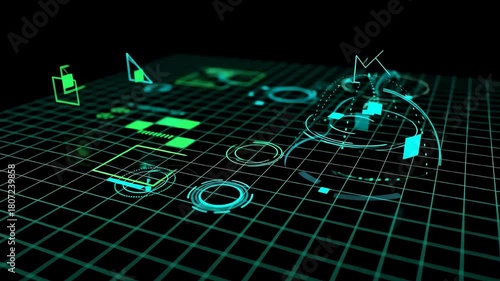 Futuristic Digital Interface with Glowing Holographic UI Elements on Grid Background.