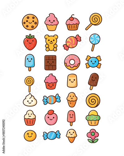 dessert collection, candy collection, sweet treats, dessert set, candy set, sugary snacks, chocolate candy, colorful sweets, bakery desserts, cake and pastry set, lollipop illustration, gummy candy ve