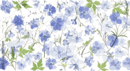 Elegant floral pattern for stunning designs featuring delicate blue flowers and fresh green leaves