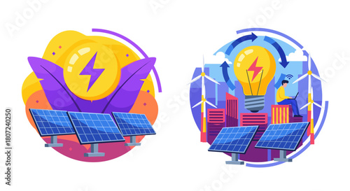 Discover vibrant solar power and wind energy illustrations for a sustainable future lifestyle and business projects