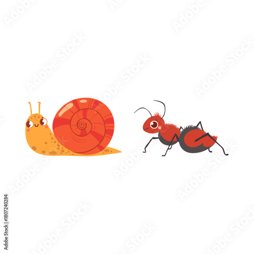 Cute cartoon snail and ant characters isolated on a white background, representing friendship and teamwork