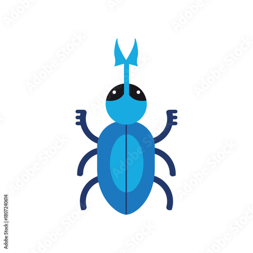 A simple flat design illustration of a blue beetle with a white background in a cartoonish style