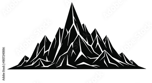 Dramatic black and white illustration of jagged mountain peaks under a bright sky.