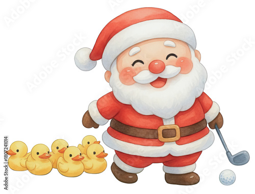 Santa in joyful holiday golf scene with rubber duck toys and club creating playful festive cheer