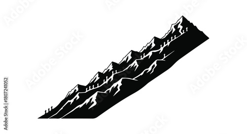 Dramatic black and white illustration of a jagged mountain range with tiny figures of people hiking.