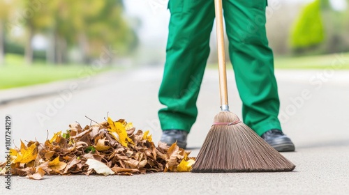 Wallpaper Mural Street cleaner in green uniform actively sweeping up leaves and garbage on a clean urban pavement during daytime Torontodigital.ca