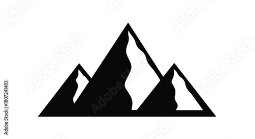 Bold black silhouette of majestic mountain peaks against a clean white background, evoking adventure and nature.