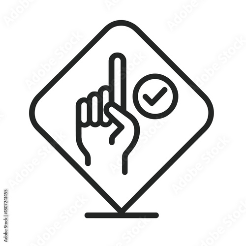 Minimal black tilted hand with checkmark symbol within action marker, fine-outline vector, no shading, perfect for selection UI, preference confirmation and choice approval dashboards.