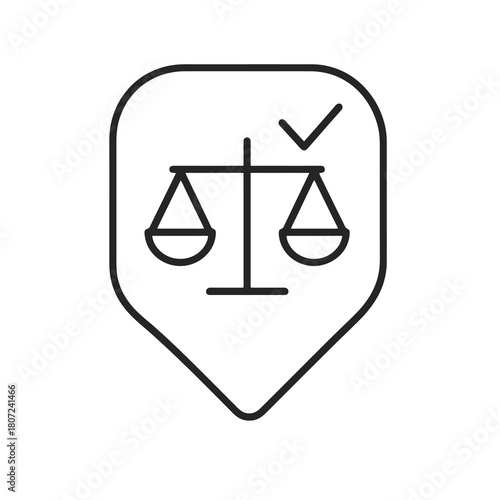 Thin-line angled decision balance icon with checkmark inside rounded pin, transparent PNG, ideal for rational selection and option comparison interfaces.