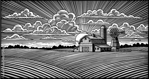 Detailed farm landscape created with bold engraving lines. Dramatic sky adds strong expressive mood. Deep textures form vintage and artistic scene