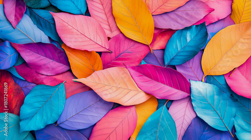 Vibrant and artistic arrangement of brightly colored leaves in rich spectrum of pinks, purples, blues, teals, oranges, and yellows, creating abstract and joyful autumn mosaic.