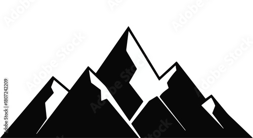 Dramatic black and white illustration of rugged mountain peaks against a white background.