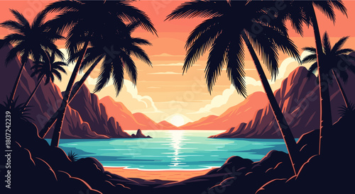 Bright tropical bay under warm evening light. Mountains and palms create deep glowing scenery. Soft reflections form peaceful calm mood