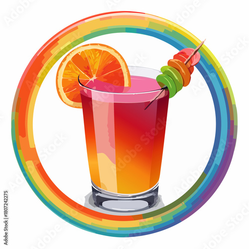 Colorful Rainbow Circle Framing Tropical Cocktail with Orange Slice and Fruit Skewer on White Background