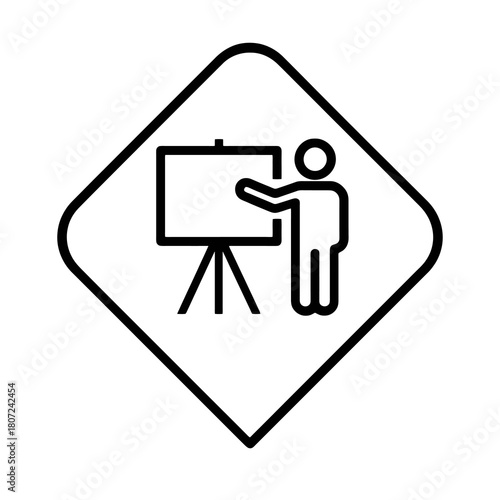 Canvastavla Minimal black tilted presenter symbol next to board within diamond marker, fine-outline vector, no shading, perfect for professional briefing and corporate planning dashboards