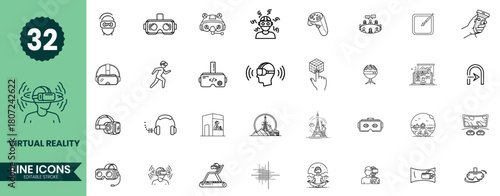 Virtual Reality Line Icons Set VR Headset, Gaming, Augmented Reality Symbols