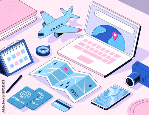 Travel planning illustration. Workspace with vacation preparation stuff. Trip booking , online tour reservation, itinerary organization, tickets buying concept. Outline isometric vector.
