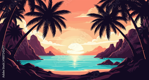 Bright tropical bay under warm evening light. Mountains and palms create deep glowing scenery. Soft reflections form peaceful calm mood