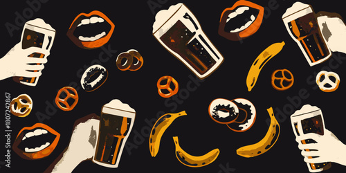 Funky beer and snack pattern with hands lips bananas and pretzels on black