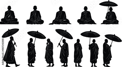 Buddhist monks silhouettes set, vector illustration collection of people meditating and walking with umbrellas, traditional religious figures isolated on white background.