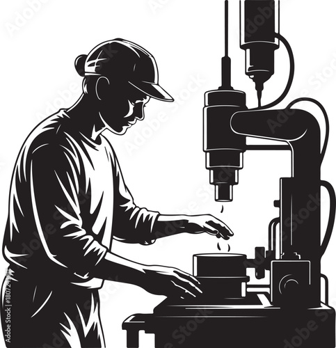 Silhouette of a craftsman operating a drilling machine in a workshop