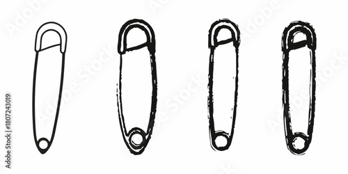 Hand drawn safety pins in different styles on white background