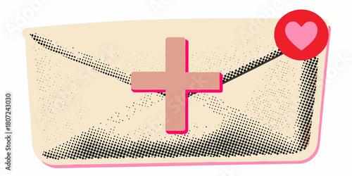 Retro style email with heart notification and plus sign icon