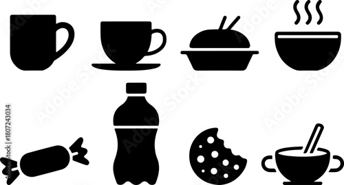 Collection of delicious treats and beverages including coffee cup, cookie, drink, pretzel, pancake and soup vector