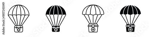 Parachute with first aid kit icon in linear and clipart style pack on white background.