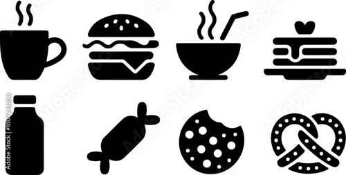 Black and white illustration of various food items including coffee burger soup pancakes milk candy cookie and pretzel icons