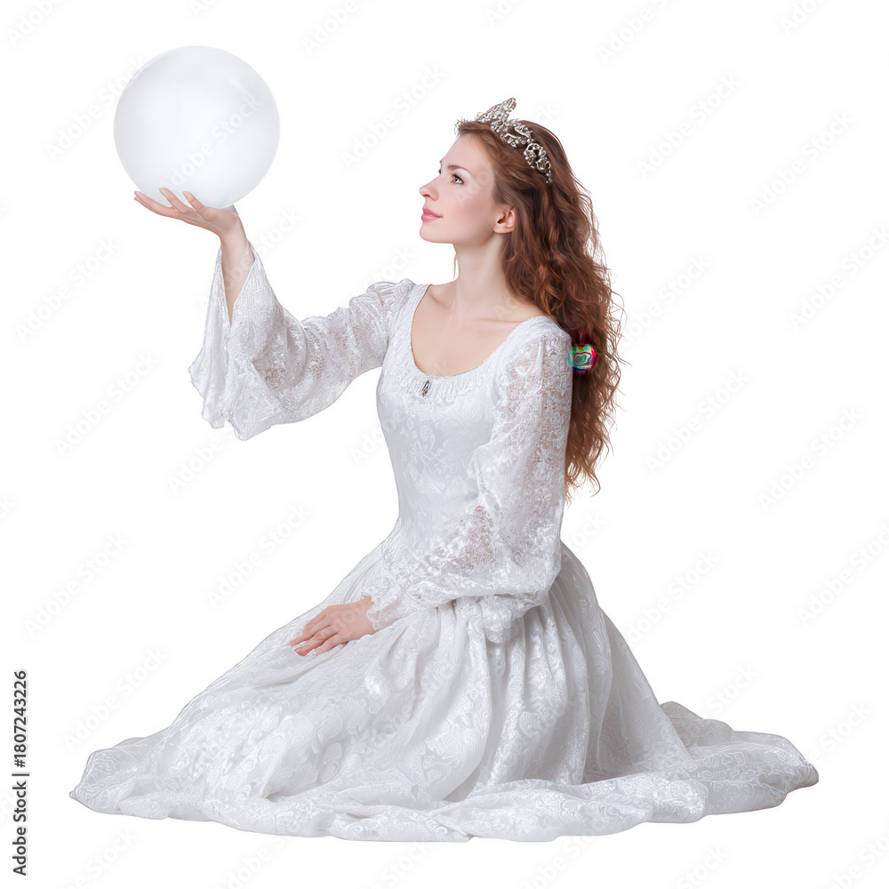 Naklejka premium Young woman dressed as a princess in a white ball gown and tiara, sitting on the floor and holding a glowing spherical object in a fantasy fairytale