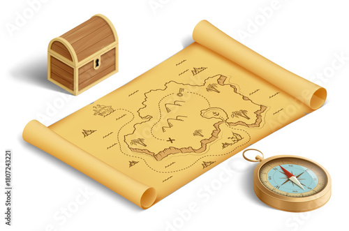 Old map of the island with treasures, chest and compass. Three dimensional objects are isolated on a white background.