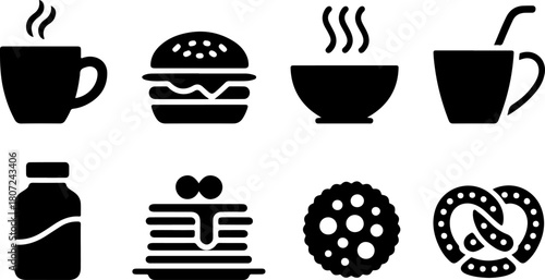 Black and white silhouette of common food and drink items including coffee, burger, bowl, pancake, pretzel and milk bottle