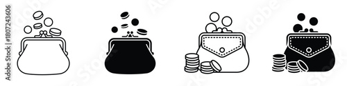 Purse and coins icon in linear and clipart style pack on white background.