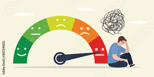 Stress level meter, scale emotions, mood. Unhappy man sitting near measurement scale. Frustration and stress, emotional overload, burnout, overworking, depression