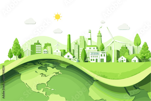 Sustainable green energy powers a thriving city, showing renewable resources on Earth for a brighter future